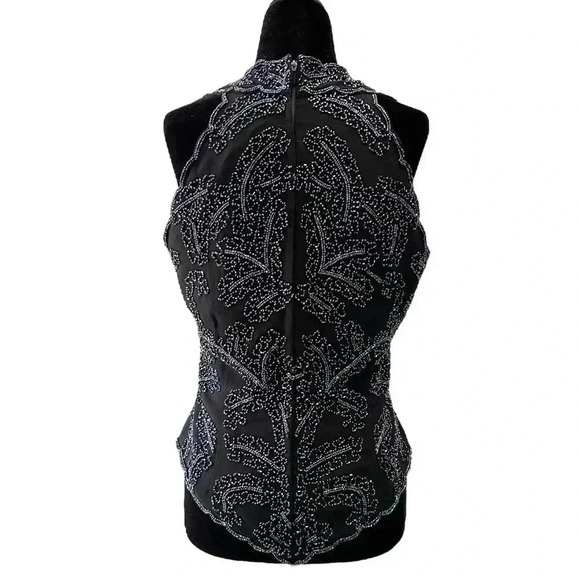 JMD New  York Black Beaded Sleeveless Halter Dressy Top V Neckline Medium - Picture 3 of 16